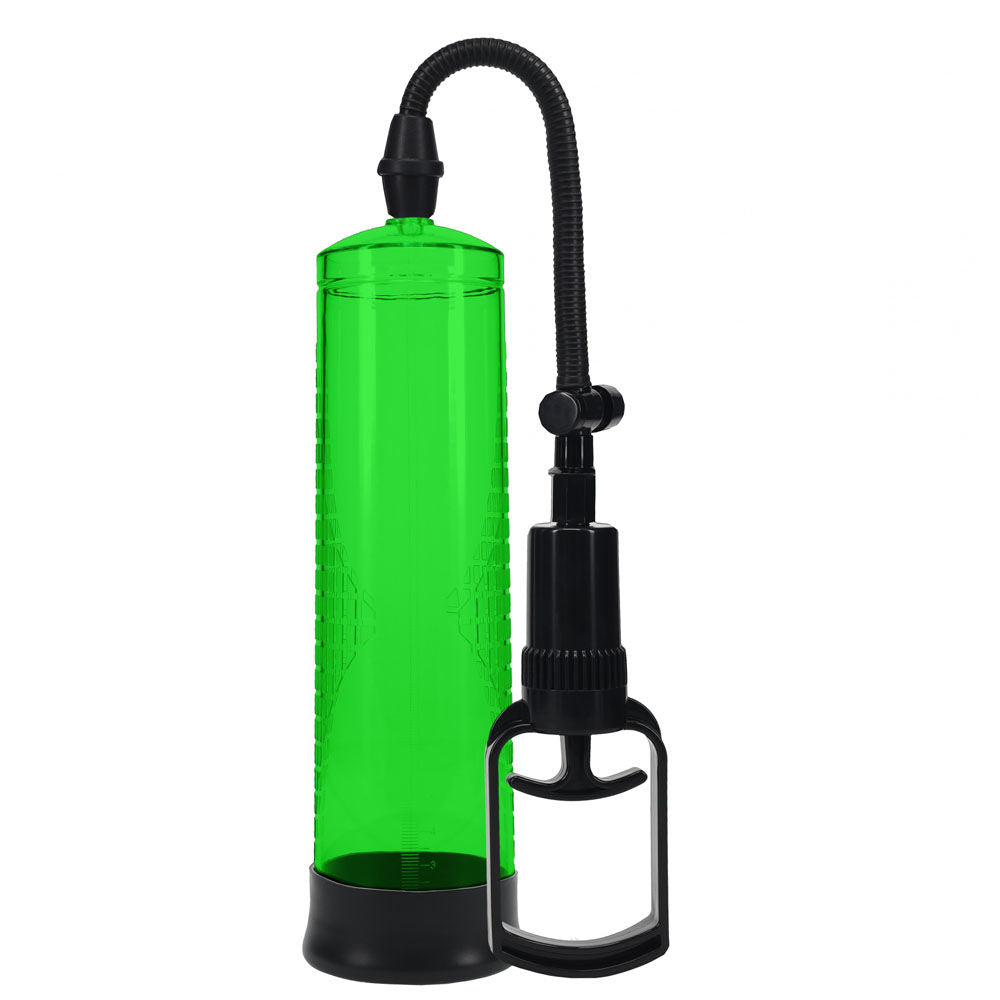 Basic transparent penis pump with measurement cylinder and soft silicone entry sleeve for erectile support and enhancement green, front size | Flirty bay online adult store, adult toys and lingerie